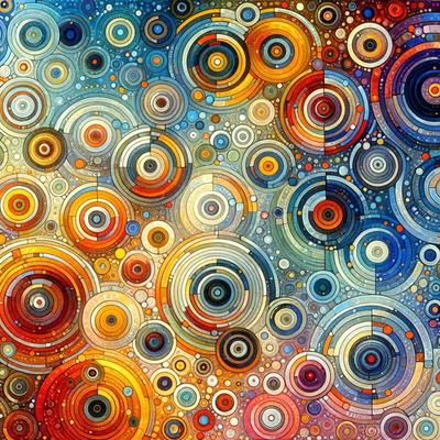 The primary subject of the image is a colorful and vibrant pattern of circles, which are arranged in a visually appealing manner. The setting is a blue background, which contrasts with the bright colors of the circles. The visual style of the image is a combination of digital art and illustration, creating a unique and eye-catching design. The dominant colors in the image are orange, blue, and yellow, which contribute to a lively and energetic atmosphere.